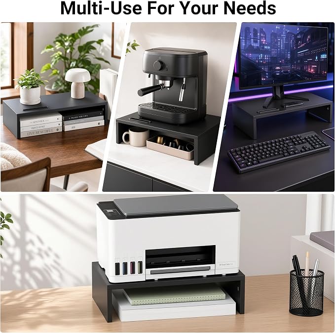 1home Monitor Stand Riser, 16.7 Inch Wood Monitor Riser Stand with Storage Organizer, Desktop Ergonomic Monitor Stand Riser with Cellphone Holder and Cable Management, Black | 16.7 Inch Wood Monitor Riser Stand, Desktop Stand for PC/TV/Laptop/Printer, ...