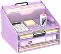Desk File Organizer, 4 Letter Trays and 2 Upright Sections, Purple | Paper Organizer for Desk with Tiered Letter Trays and Vertical File Holders for Home Office, School and Workspace Use
