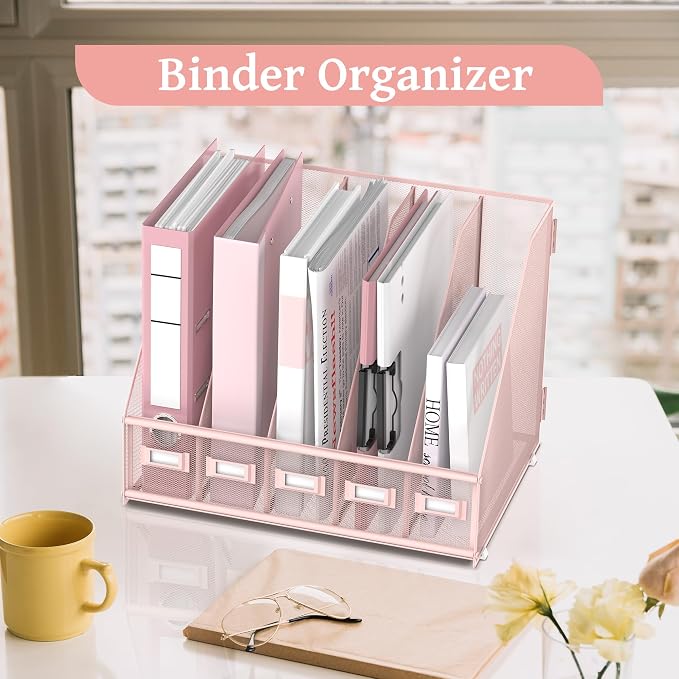 Desk Organizers Metal Desk Magazine File Holder with 5 Vertical Compartments Rack File Organizer for Office Desktop, Classroom, Home Workspace, Pink Plus