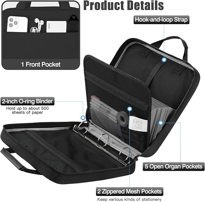 MoKo Zipper Binder, 2 Inch 3 O Ring, 5 Tab File Folders, 500 Sheets, Black | Water-repellent 900D Oxford fabric with 5 folders, 2 mesh pocket, reinforced handle and adjustable shoulder strap.