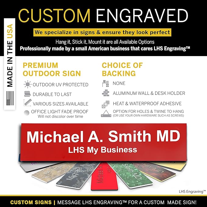 Engraved Door Signs for Office Personalized Red Plastic Door Plaque White Letters - Made in USA 2x10 B7
