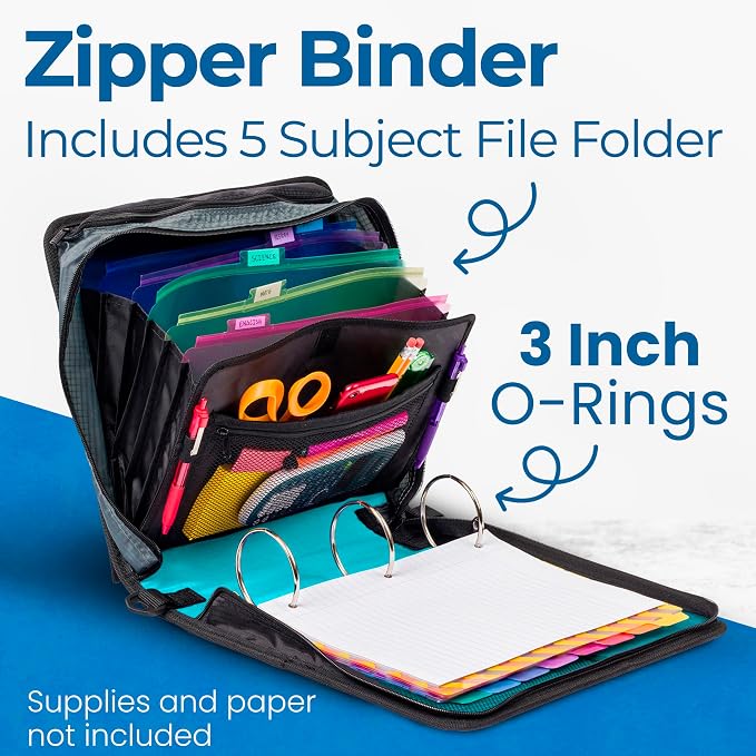 Case-it School Zipper Binder | 3-Inch O-Rings | 600-Sheet | D-146 Spearmint | Mighty Zip Tab, 5-Color Tab Expanding File Folder, Multiple Pockets, Shoulder Strap, 6-Pack, Office