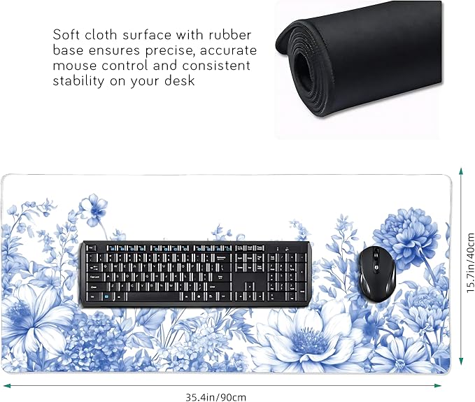 Floral Aesthetic Lotus Gaming Mouse Pad, White Blue Chinoiserie Desk Mat with Anti-Slip Base & Stitched Edges,35.4" x 15.7" in Table Mat for Computer Desktop, Beautiful Workstation Decor