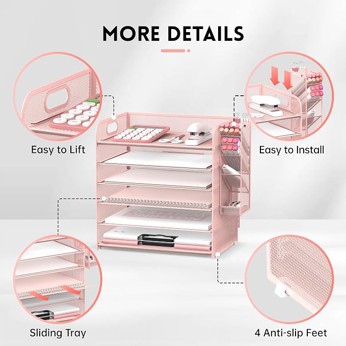 6 Tier Desk Organizer with 4 Pen Holders & Mesh Paper Trays Pink | 6 Tiers Paper Organizer, File Organizer Letter Tray with Handle for A4 Files, Folders, Mail and Office Supplies
