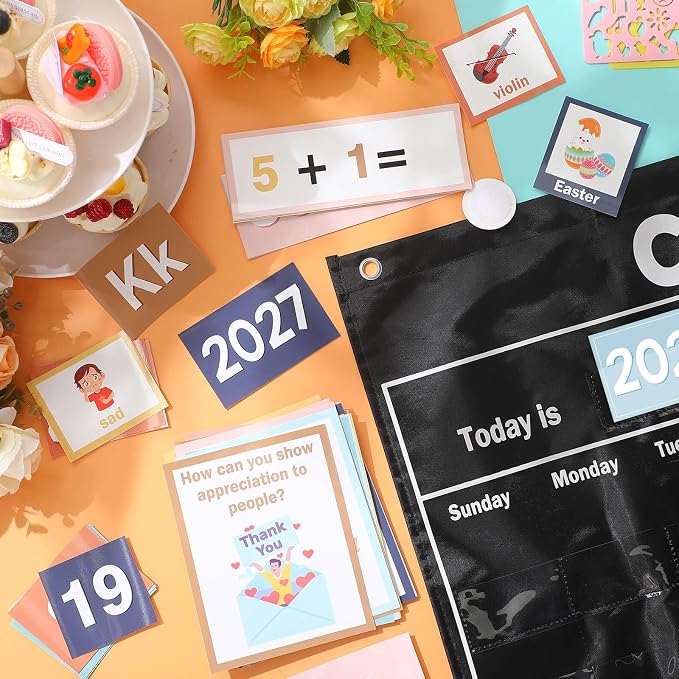 Pasimy 284 Pcs Circle Time Learning Center Classroom Pocket Chart Boho Circle Time Calendar Learning Math Calendar Weather Color Shape for Home Classroom Decoration Back to School Supplies
