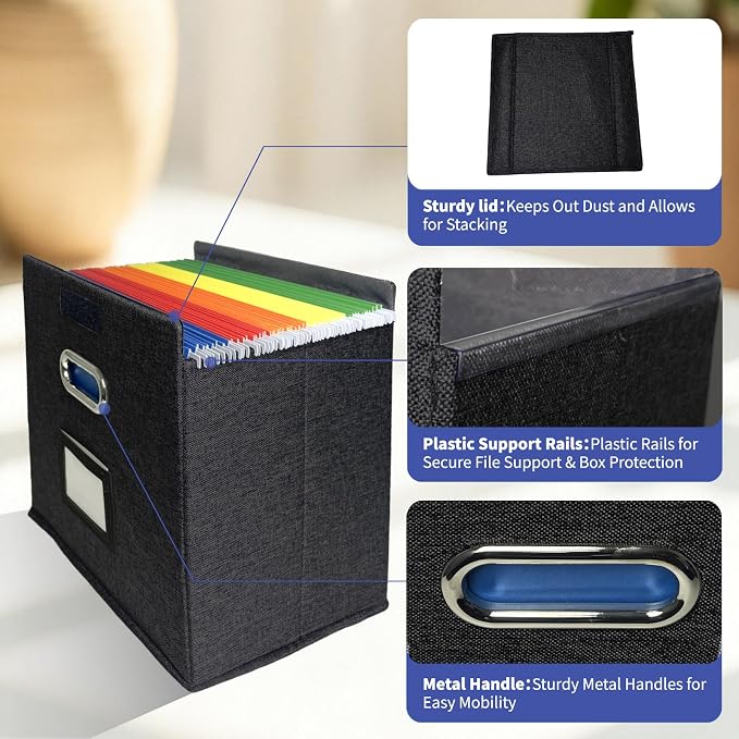 2 Pack Hanging File Folder Box with Lid, Durable Letter Size Filing Storage Box, Sturdy File Holder with Cardboard Support PVC Rails for Office Home Organizer, Black