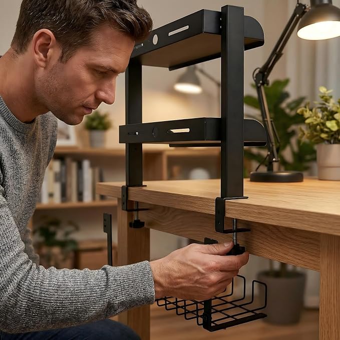 Clamp On Desk Shelf, 17'' 2-Tier Desktop Organizer Shelf with Under-Desk Hidden Storage Basket, Heavy-Duty Desk Shelves for Top of Desk, Space-Saving Desk Storage for Home Office Gaming Setup (Black)