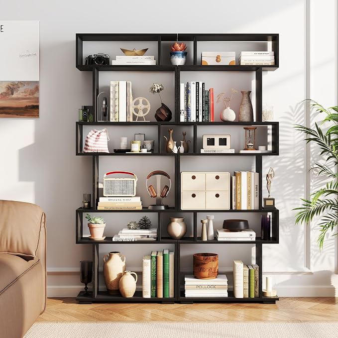 Tangkula 6-Tier S-Shaped Bookshelf, 64" Freestanding Geometric Bookcase, Home Office Wood Storage Shelf with Anti-Toppling Device, Room Divider Display Rack for Study, Living Room (2, Black)