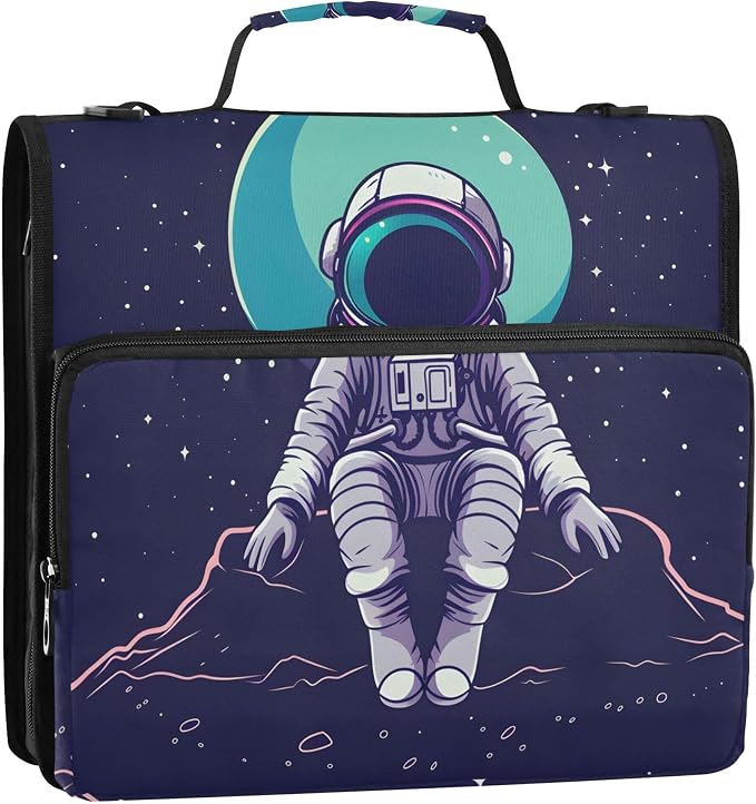 MNSRUU 3 Ring Binder Bag, 2 Inch D-Rings Easily Organizes 1 Inch Fits Letter Sized Paper, Astronaut Large 3 Hole Zipper Binder Organizer for School Office Supplies