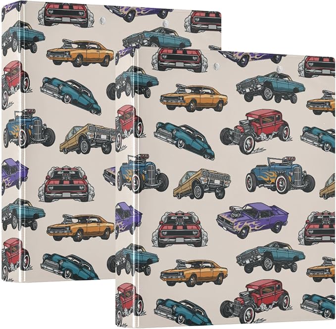 Retro Old Car Pattern Binder 1.5 Inch Binder with Clipboard&Pockets, Vinatge Fire Cars Hardcover Binders 3 Ring, Heavy Duty Large File Folder for Office School Supplies - Holds 200 Sheets