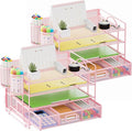 Marbrasse Desk Organizer, 4-Tier Paper File Letter Tray, Pink-2P | Sturdy Paper Tray, File Holder, Built-in Drawer, 2 Pen Slots, fits Letters/Files, for School Home Office Supplies