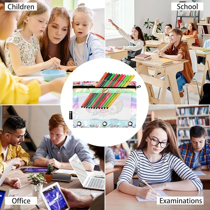 Unicorn Pink Pencil Pouch for 3 Ring Binder, 2 Pack Waterproof Pencil Bags Clear Window Zipper School Office Supplies