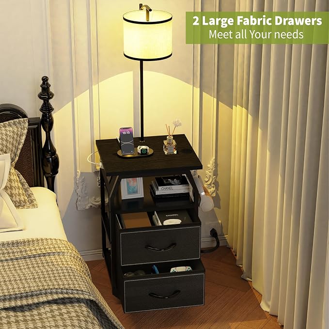 runjuly Floor Lamp with Table, End Tables with Lamps Attached 3-Color Temperature Bulb, Side Table with Lamp with 2 Drawers & Charging, Lamps Tables Combo for Bedroom, Dorm, Apartment - Black
