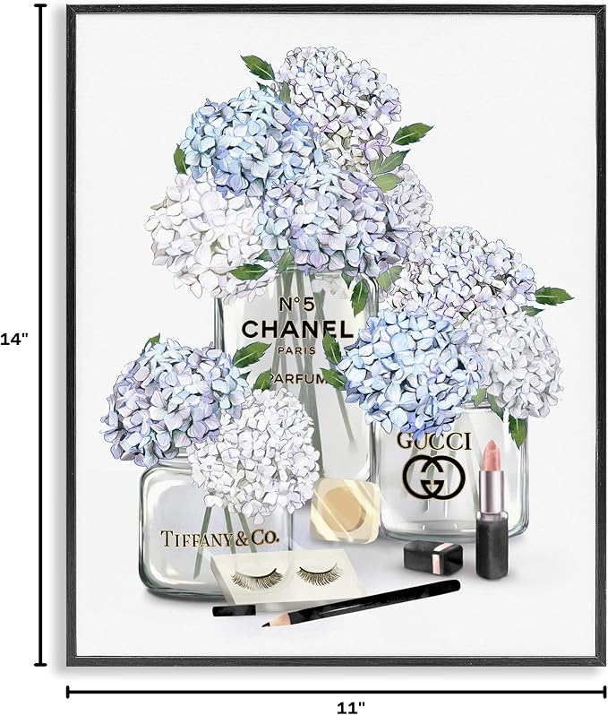 Glam Hydrangea Perfume Bottle Still Life, 11 x 14 Inch Framed Giclée Print | Stupell Industries · By Ziwei Li · Ready to hang · Chic gift for bedroom or dressing room · Made in USA