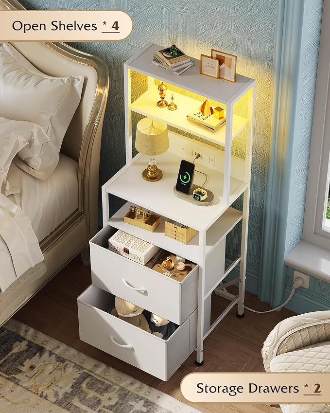 WLIVE Nightstand Set of 2 with Charging Station, LED Night Stands with 2 Fabric Drawers and 4 Storage Open Shelves, Bedside Table for Bedroom, White