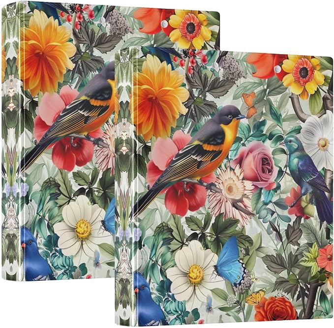 Flower with Colorful Birds 3-Ring Binder 1.5 Inch 2 Pack Round Ring Binder Holds 200 Sheets with 3 Inside Pockets for Office Home Organization