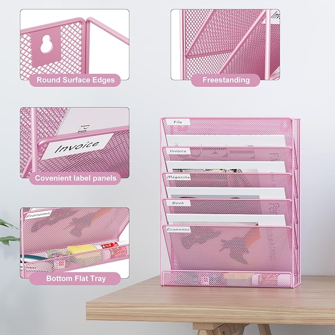 EasyPAG 5 Tier Wall File Holder, Mesh Hanging Folder Organizer with Classify Label, Versatile Desk File Holder, Vertical Wall Mounted Mail Organizer for Office Home Cubicle, Pink