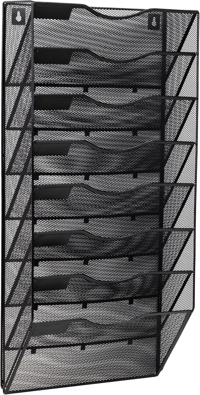 Mind Reader Wall File Organizer, 8 Pocket Hanging Document Rack, Office Wall Mount, Metal Mesh, Black