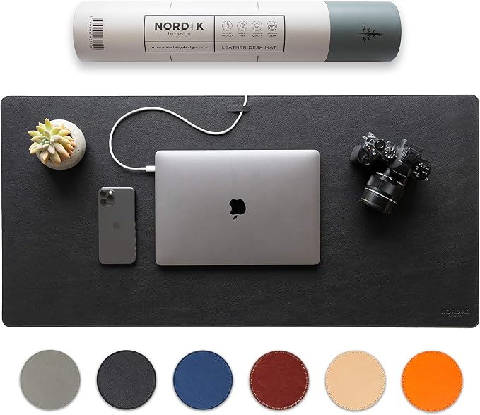 Nordik Leather Desk Mat - Pebble Black - Large Leather Desk Pad (35x17 in) | Premium Vegan Leather Desk Pad with Cable Organizer, Giftable, Extended Waterproof Mouse Mat, Non-Slip Desk Pad Protector