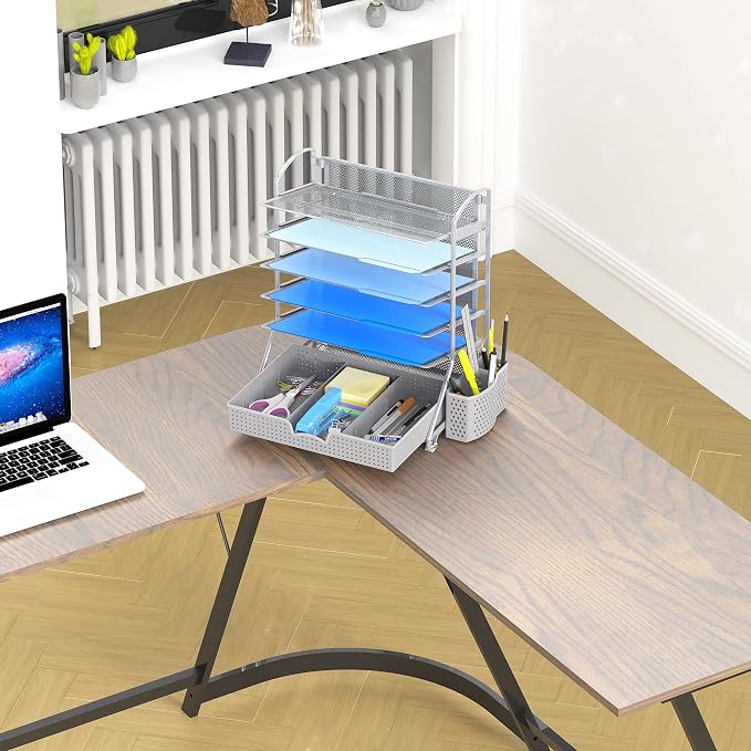 Simple Houseware 6-Tier Desk File Organizer w/Drawer & Pen Holder, Silver | 5 Tilted Letter Trays for A4 Paper, Mail and Documents
