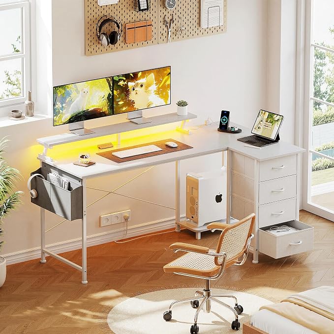 VERMESS 63" Reversible L Shaped Gaming Computer Desk, Corner Desk with Power Outlets & Monitor Stand, Writing Study Table with 4 Storage Drawers, Desk with LED Lights, White