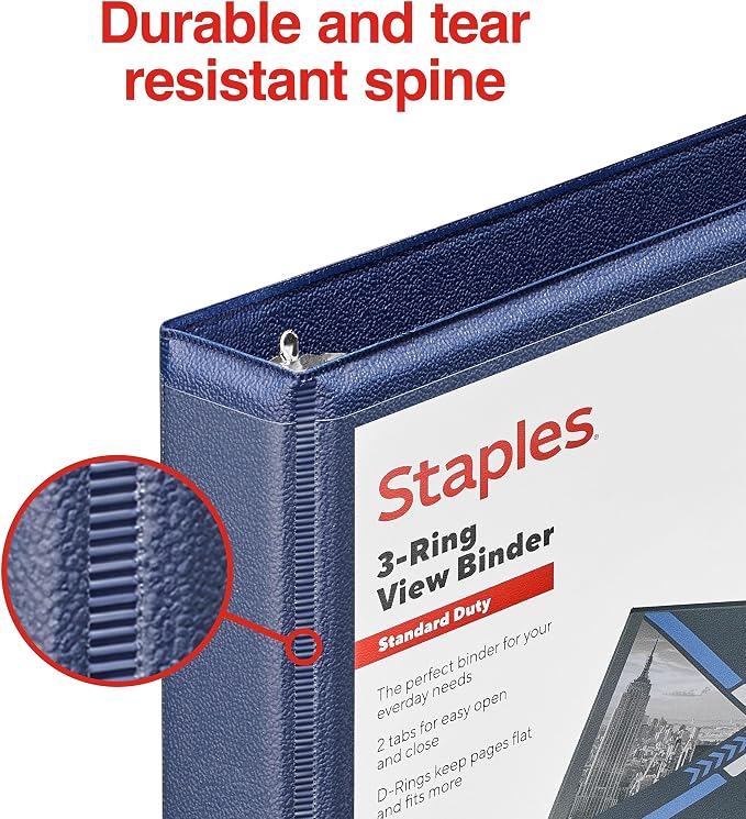 Staples 1/2" 3-Ring View Binder, D-Ring, Navy Blue, 4/Pack