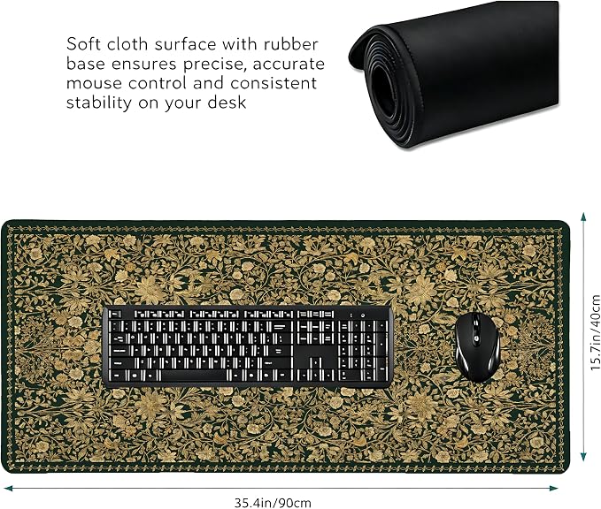 Cute Floral Aesthetic Daisy Gaming Mouse Pad, Green Glod Rug Desk Mat with Anti-Slip Base & Stitched Edges,35.4" x 15.7" in Desk Accessories for Women, Home Office Decor & Artistic Gift