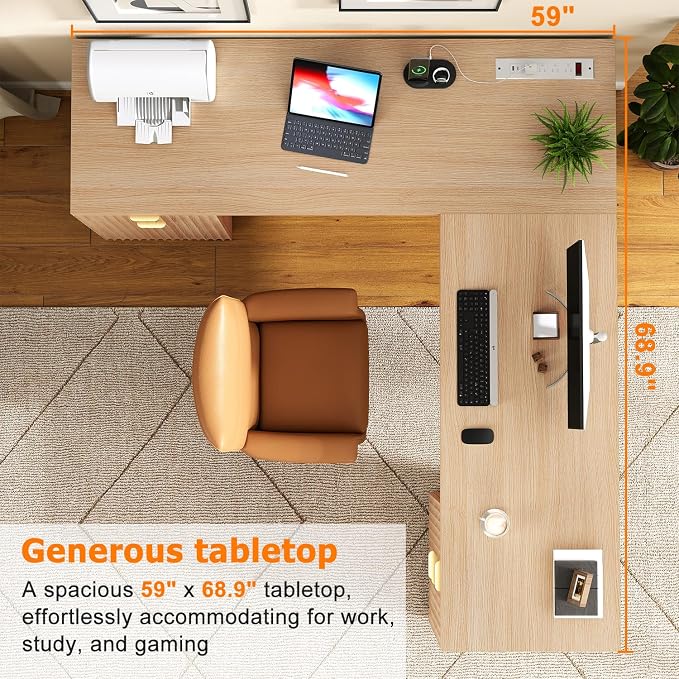 69" Fluted L Shaped Executive Desk with Power Outlets & File Drawer, Modern Wood L Shaped Office Desk with Storage Cabinet and Drawers, Large Corner Desk Computer Writing Desk for Home, Natural Oak
