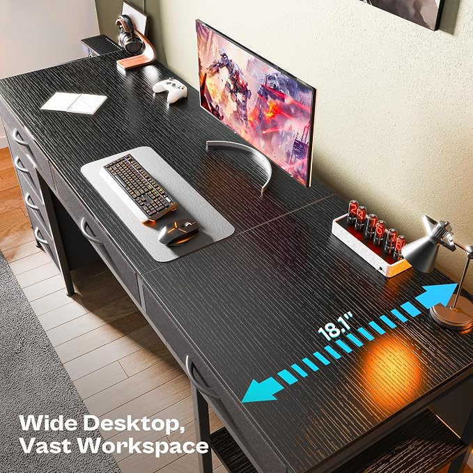 Huuger Computer Desk with 6 Drawers, Office Desk with Shelves, Reversible Gaming Desk, Corner Desk with Storage, Work for Home Office, Study, Living Room, 63inch, Black