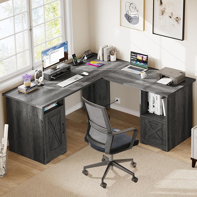 YITAHOME L Shaped Desk with Power Outlets | Computer Corner Desk, File Drawer, Monitor Stand & Storage Shelves, File Cabinet