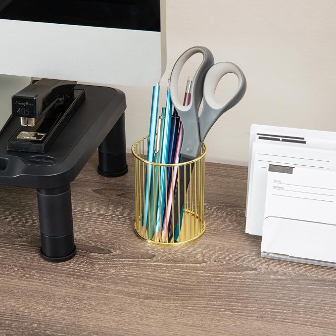 Mind Reader Pen and Accessories Holder, Desktop Organizer, Office, Metal , 3"L x 3"W x 4"H, Set of 3, Gold