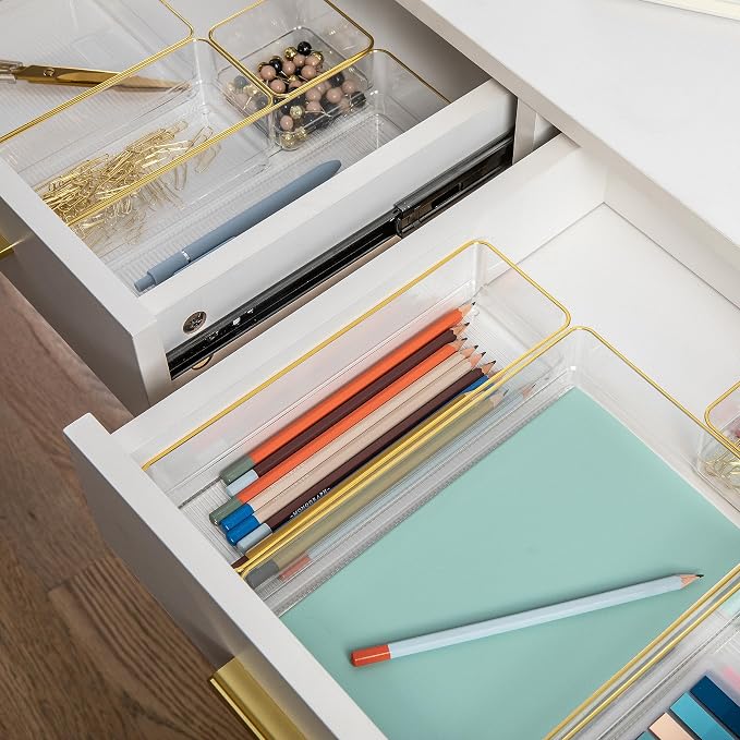 Martha Stewart Kerry Stackable Desk Drawer Organizers, Clear/Gold, 8-Pack | Various Sizes, Gold Trim, Stackable