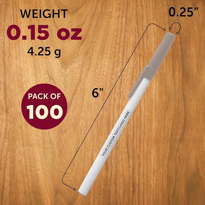 DISCOUNT PROMOS Custom Value Stick Pens Set of 100, Personalized Bulk Pack - Black Ink, Great for Office, School, Business, Tradeshows, Events - Grey
