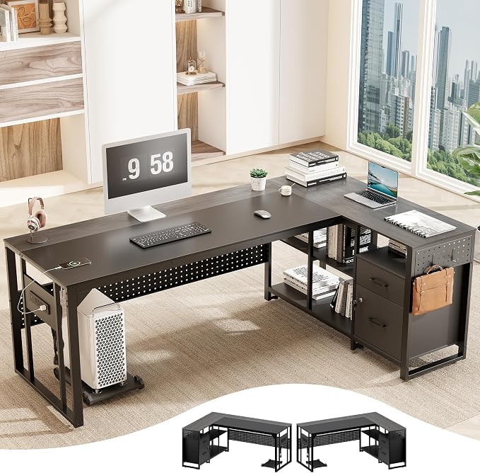 MALOL 70.3" Reversible L-Shaped Office Desk with Power Outlet Computer Desk | Large Executive Desk with Locked File Drawers & Storage Shelves, Pegboard, Mobile CPU Stand, Modern Corner Desk, Grey