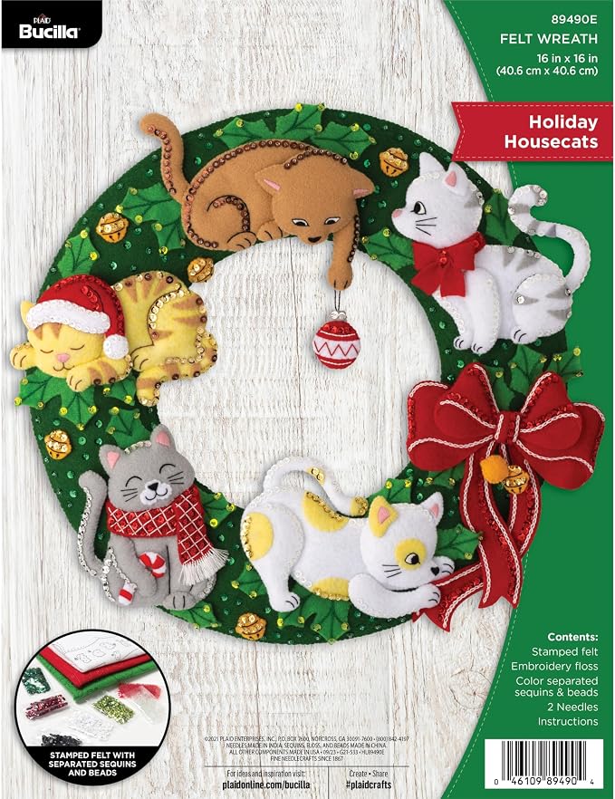 Bucilla Felt Applique Wreath Kit, Holiday Housecats, Perfect for DIY Arts and Crafts, 89490E