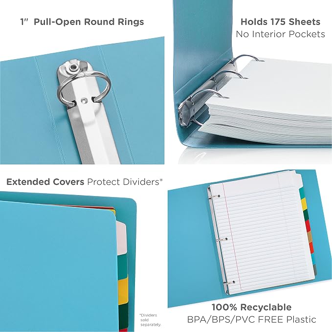 Premium Economy 3 Ring Binder, 1 Inch Pull-Open Round Rings, Holds 175 Sheets, Flexible, Lightweight, 4-Pack, Side Opening, Blue