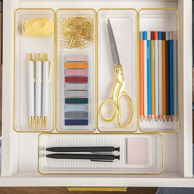 Martha Stewart Kerry Stackable Desk Drawer Organizers, Clear/Gold, 6-Pack | 12x3 in Organizers, Gold Trim, Stackable