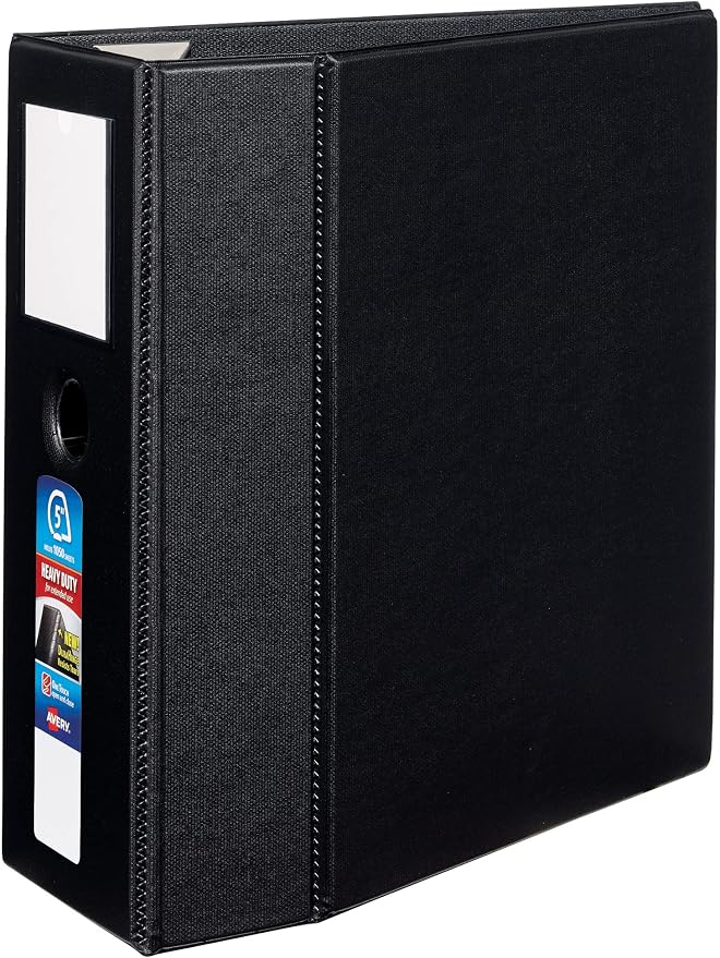 Avery Heavy-Duty 3 Ring Binder, 5" EZD Rings, 1 Black Binder | For Heavy School, Home and Office Use, Reinforced Construction, DuraHinge Tear-Resistant Spine, Four Interior Pockets