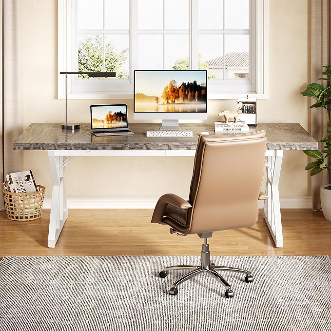 LITTLE TREE 70.8-Inch Large Executive Desk, Modern Computer Office Desk, Wooden Writing Desk Study Table for Home Office, Grey-White