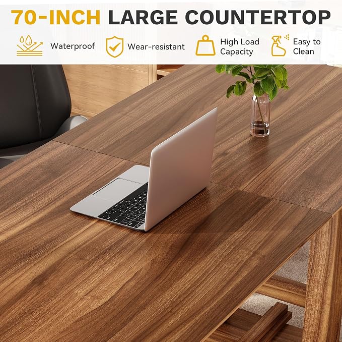 DWVO 70" Computer Desk, Farmhouse Executive Office Workstation, Dark Walnut | Spacious 70” tabletop, sturdy wooden legs, farmhouse style, for home office business writing, easy to assemble