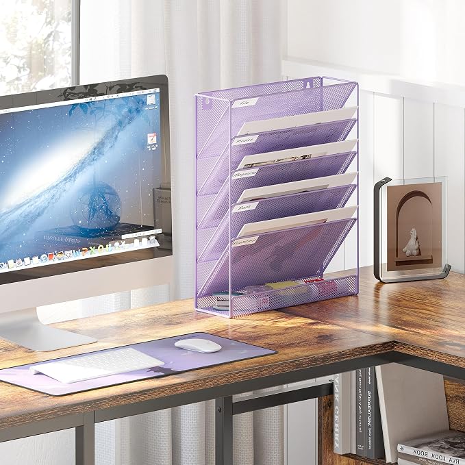EasyPAG 5 Tier Wall File Holder, Mesh Hanging Folder Organizer with Classify Label, Versatile Desk File Holder, Vertical Wall Mounted Mail Organizer for Office Home Cubicle, Purple