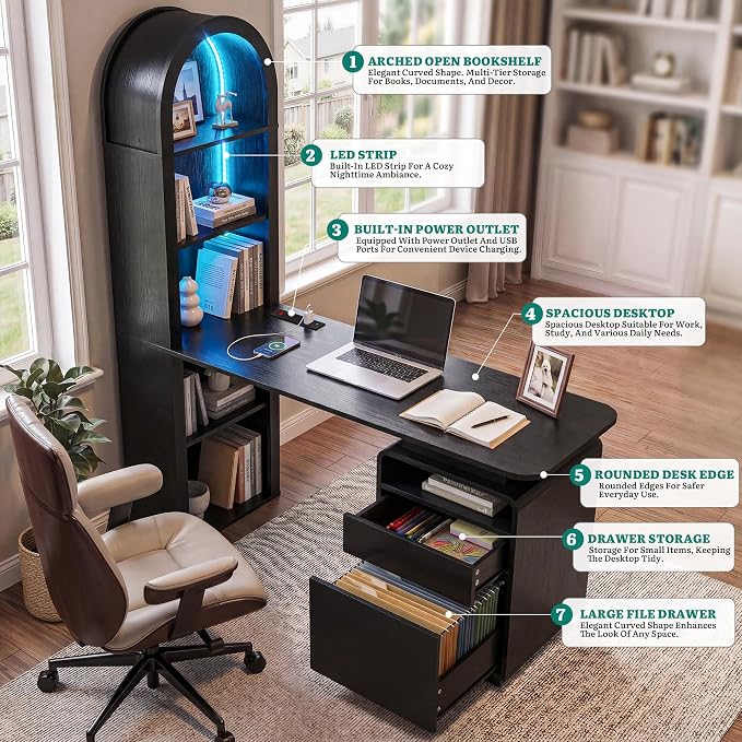 YITAHOME 59" Computer Desk with LED Lights & Power Outlets, Black | Home Office Desk with Bookshelf, File Drawer & Storage Shelves, Gaming Desk with USB Ports, Modern Study Writing Table