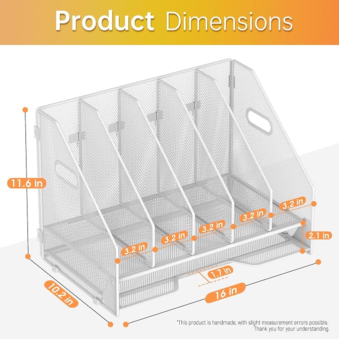 Docnest Mesh Desk File Organizer, 5 Vertical Compartment Box Sorter, White | Features 4 removable middle dividers for custom spacing and a bottom letter tray to hold paper, mail, and documents