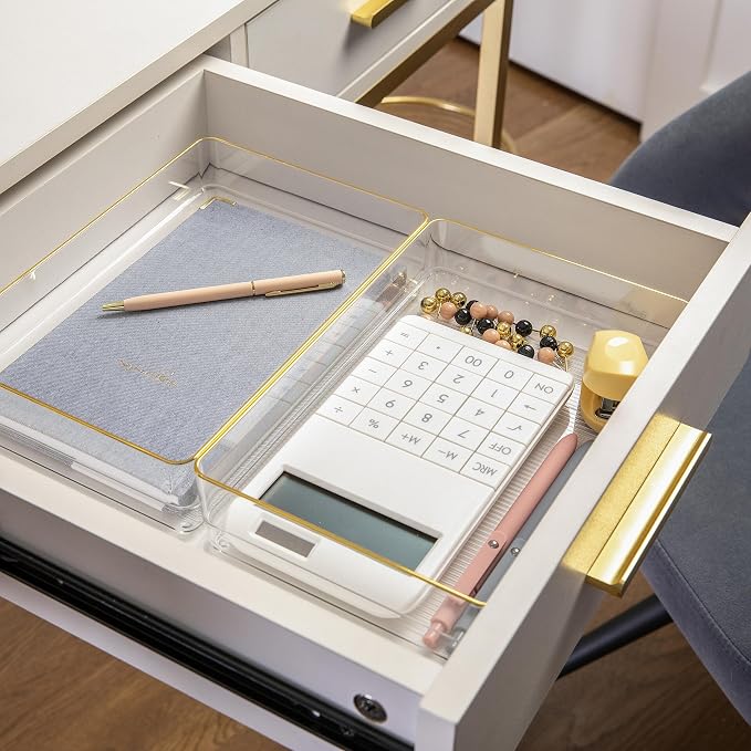 Martha Stewart Kerry Stackable Desk Drawer Organizers, Clear/Gold, 3-Pack | 9x6 in Organizers, Gold Trim, Stackable