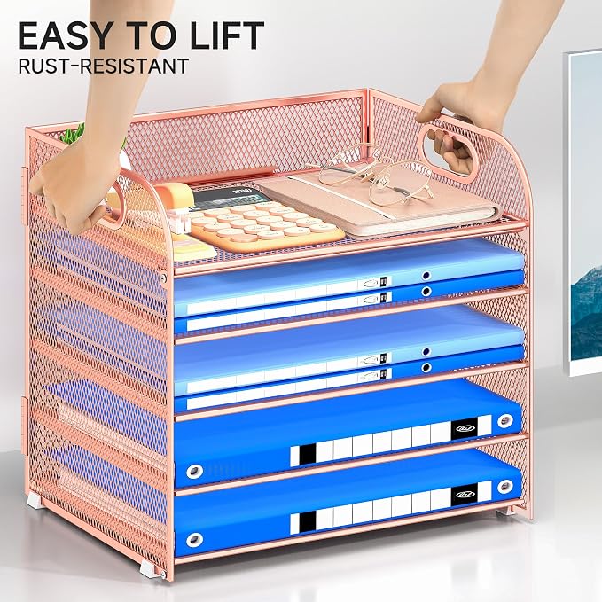 Paper Organizer Letter Tray with Handle Mesh 5 Trays | Desk File Organizer Paper Sorter Desk Organizer for Office, Home or School-Rose Gold
