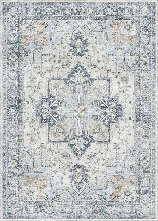 GENIMO Area Rug 2x3 Doormat, Machine Washable Low Pile Vintage Rugs, Small Lightweight Rug Entryway Indoor Mat for Entrance, Hallway, Kitchen and Corridor, Blue