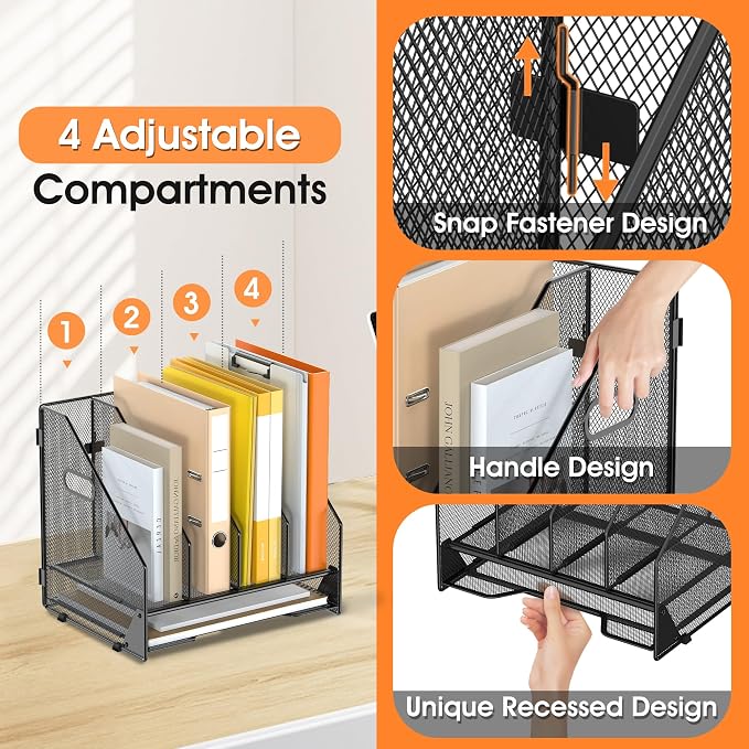 4 Vertical Mesh Desk Organizer with Paper Letter Tray, Black | Sorting racks with lower letter tray section. Multipurpose mesh desktop space saver for home office and school