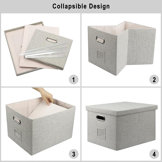 Storage Bins With Lids Office Organization File Folder Organizer Boxes | Beige, 2 Pack, 15.1" * 12.2" * 10.04", Built-In Handle, Collapsible, Stackable, Dustproof, Linen Fabric, Cardboards