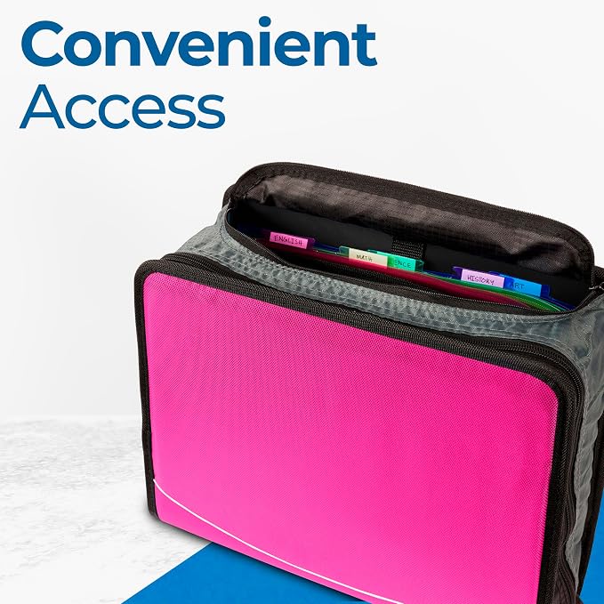 Case-it School Zipper Binder | 3-Inch O-Rings | 600-Sheet | D-146 Magenta | Mighty Zip Tab, 5-Subject Expanding File Folder, Multiple Pockets, Storage Organizer, Shoulder Strap, 6-Pack, Office