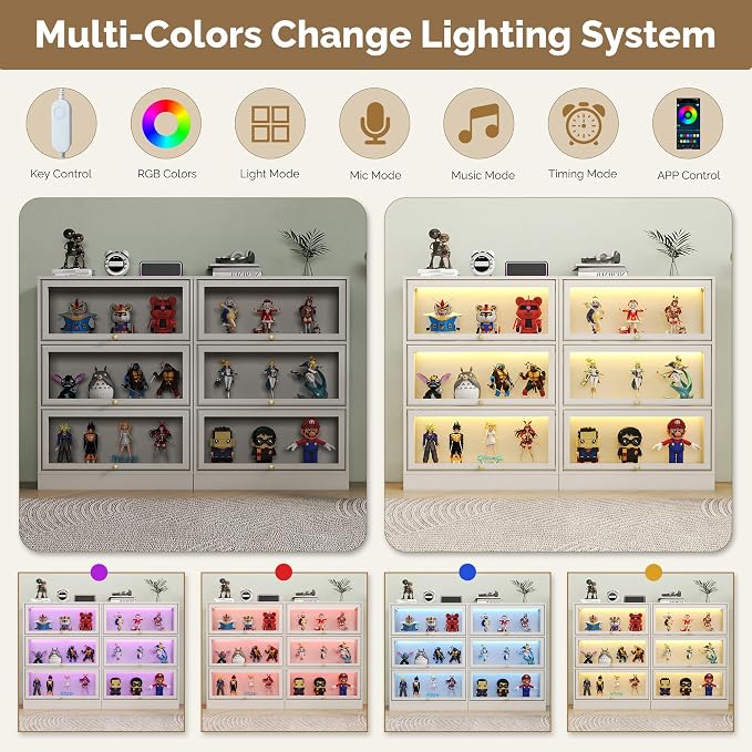 Display Cabinet with Acrylic Glass Doors,3-Tiers Curio Cabinet with LED Lighting for Collectibles, Collectibles Toy Organizers Rack & Display Shelf Display Case Storage Cabinet, White